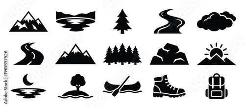 Collection of black silhouette nature and outdoor activity icons, including mountains, trees, rivers, and camping gear