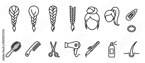 Collection of black outline icons depicting various hairstyles and hair care tools on a clean white surface