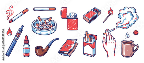Collection of smoking accessories including cigarettes, lighters, ashtrays, and a pipe, depicted in a hand-drawn cartoon style