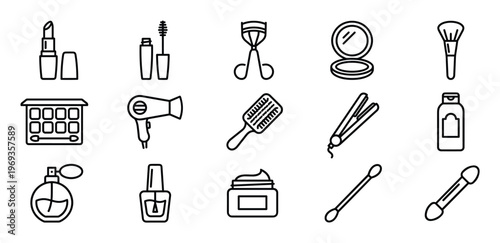 Collection of fifteen black outline icons representing various beauty, makeup, and hair care products and tools, presented in a clean, minimalist style
