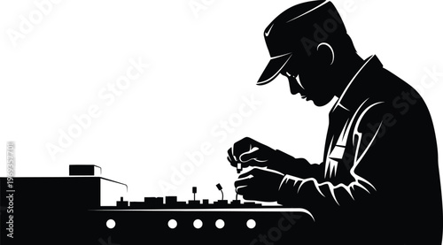 Silhouette of a dj mixing music on turntables in a nightclub setting