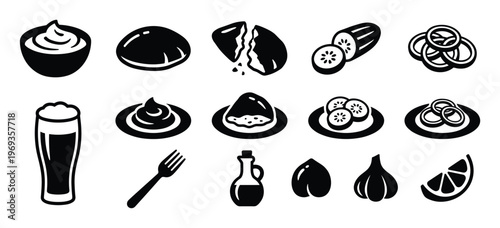 Collection of black and white food and drink icons, including sauces, vegetables, beer, and utensils, presented in a clean, graphic style
