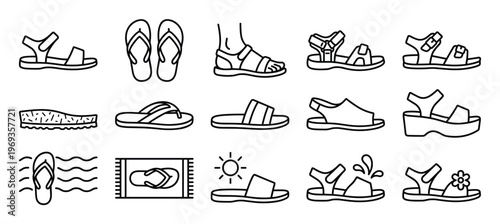 Collection of various outline icons depicting different types of sandals, flip-flops, and summer footwear in a clean, illustrative style