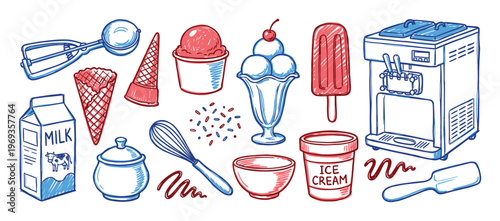 Collection of hand-drawn ice cream and dessert making elements, including scoops, cones, sundaes, and a soft-serve machine, in a vibrant red and blue sketch style