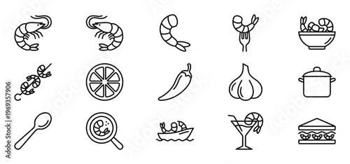Collection of shrimp and seafood-related line art icons, including whole shrimp, peeled shrimp, shrimp skewers, and cooking ingredients