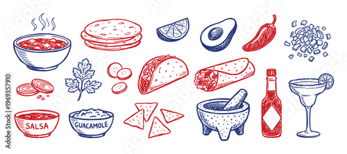 Vibrant collection of hand-drawn Mexican food and drink illustrations, featuring tacos, burritos, salsa, guacamole, and a margarita