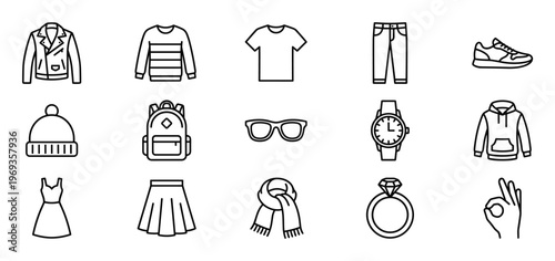 Collection of various fashion and accessory outline icons, including clothing, jewelry, and bags, presented with clean lines
