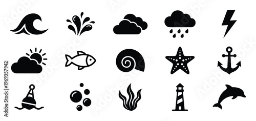 Collection of fifteen black silhouette nature and weather icons, including waves, clouds, fish, and marine life, arranged neatly