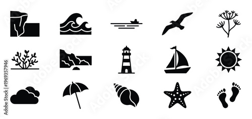 Collection of fifteen black silhouette icons representing various beach and ocean-related elements, presented in a clean, graphic style