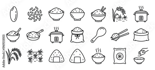 Comprehensive collection of black outline rice icons illustrating various forms of rice, from grain to cooked dishes and cultivation