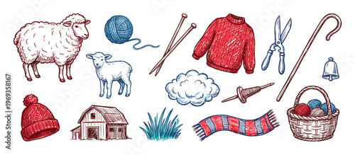 Hand-drawn sketch collection of sheep, lamb, knitting tools, and wool products in a rustic, traditional style