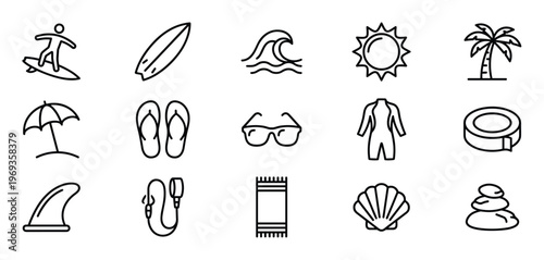 Collection of fifteen black outline icons representing various summer and beach-related activities and objects