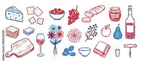 Vibrant collection of hand-drawn picnic and food items, including cheese, crackers, fruit, wine, and flowers, rendered in a playful sketch style with red and blue outlines