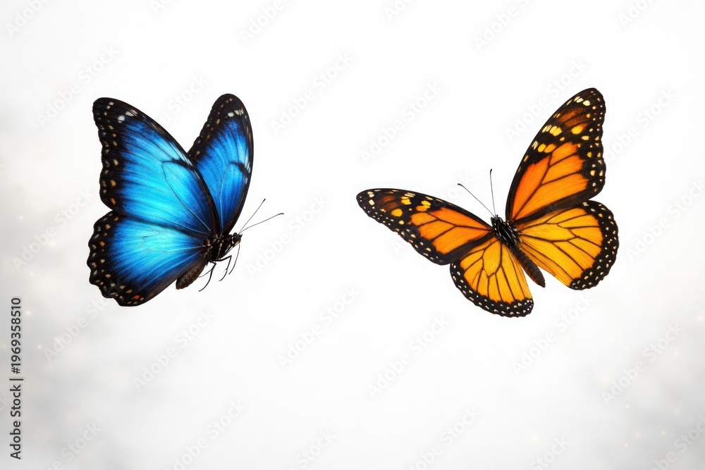 Fototapeta premium Two colorful butterflies flying over white copy space background
