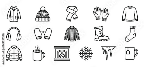 Collection of fifteen black outline winter season icons, including clothing, accessories, and cold weather elements