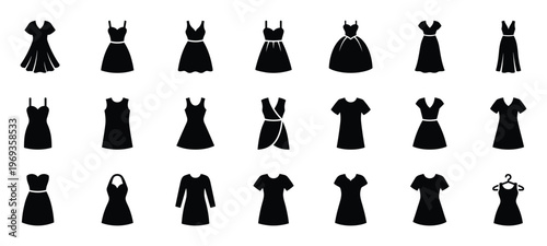 Collection of various black dress icons featuring different styles and necklines, presented as a flat graphic illustration