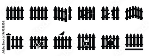 Collection of black silhouette fence icons depicting various styles and conditions, including open gates and damaged sections