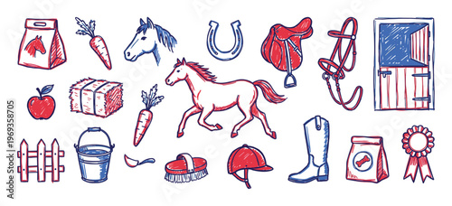 Various hand-drawn red and blue equestrian elements, including horses, riding gear, and stable supplies, are arranged neatly