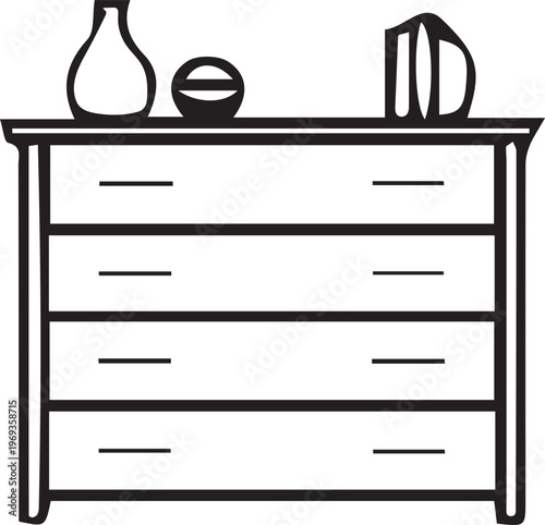 A detailed outline drawing of a classic dresser with elegant decorative objects.