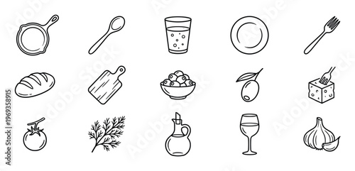 Collection of fifteen black outline kitchen and food icons, including a pan, spoon, glass, plate, fork, bread, cutting board, olives, olive, cheese, tomato, dill, oil carafe, wine glass, and