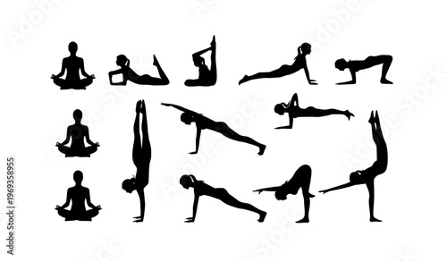 Minimal woman yoga and fitness silhouette vertical set with exercise poses vector illustration isolated on white