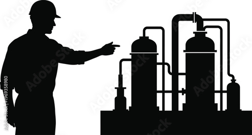 Industrial worker inspecting complex machinery in a silhouette illustration