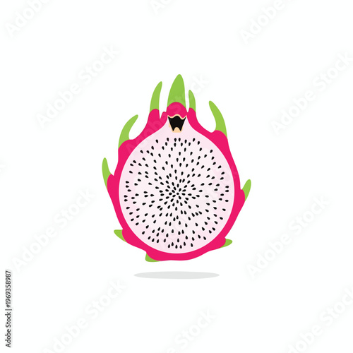 Vibrant slice of dragon fruit with white flesh and black seeds, pink rind, green fins