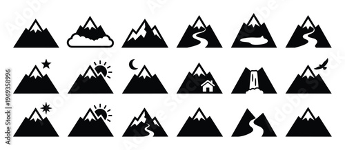 Collection of various simple black mountain icons with white snow caps and different elements like sun, moon, clouds, stars, rivers, lakes, houses, waterfalls, and birds
