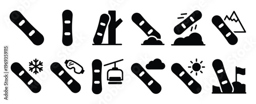 Collection of black snowboard icons depicting various winter sports activities and equipment in a simple graphic style