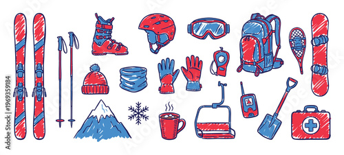 Collection of red and blue hand-drawn winter sports equipment and accessories, including skis, boots, helmet, and snowboard