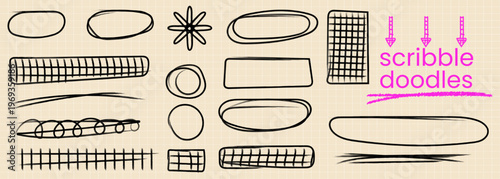 Hand drawn doodle elements, vector set of scribble frames, borders, shapes, and lines on graph paper background