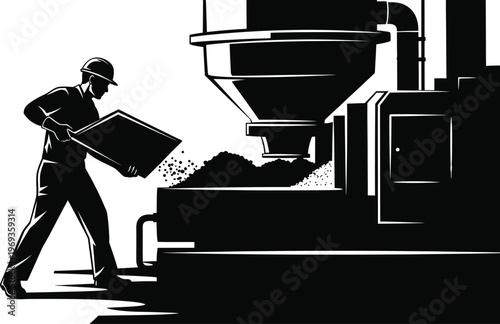 Industrial worker operating heavy machinery in a black and white illustration