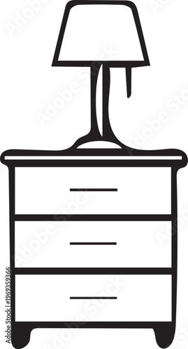 A simple outline drawing of a classic nightstand with a bedside lamp.