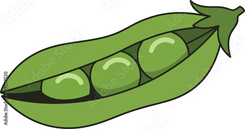 A vibrant green pea pod opened to reveal three fresh, plump peas inside.