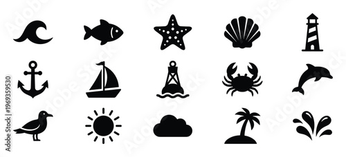 Collection of fifteen black silhouette marine and weather icons, including a wave, fish, starfish, seashell, lighthouse, anchor, sailboat, buoy, crab, dolphin, seagull, sun, cloud, palm