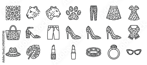 Collection of black outline leopard print fashion items and accessories, including clothing, shoes, and jewelry, on a white surface
