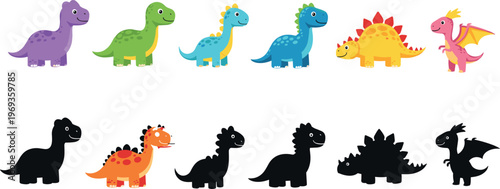 Cute cartoon dinosaur characters set with colorful variations and silhouette versions, playful prehistoric animals collection for kids design, flat vector illustration isolated on background