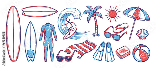 Collection of hand-drawn red and blue summer and surfing items, including surfboards, a wetsuit, a palm tree, and beach accessories
