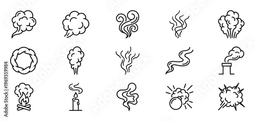 Collection of various black outline smoke icons depicting different forms of vapor, steam, and fumes