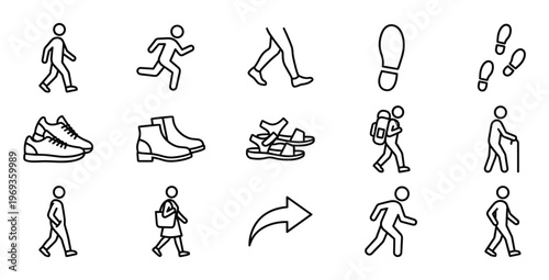 Collection of various outline icons depicting walking, running, footwear, and directional movement on a clean white surface