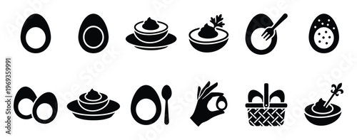 Collection of black silhouette egg icons depicting various forms of eggs, including whole, halved, deviled, and in a basket
