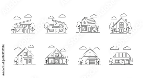 Collection of diverse house architectural styles in simple line drawing