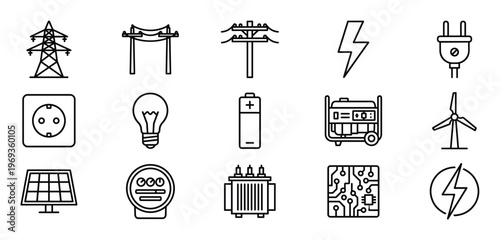 Comprehensive collection of fifteen black outline icons representing various aspects of electricity and power generation