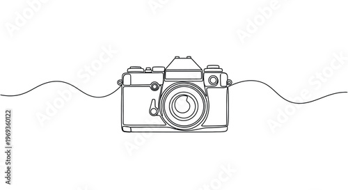 Classic vintage camera drawn in single continuous line style with a detailed line drawing of
