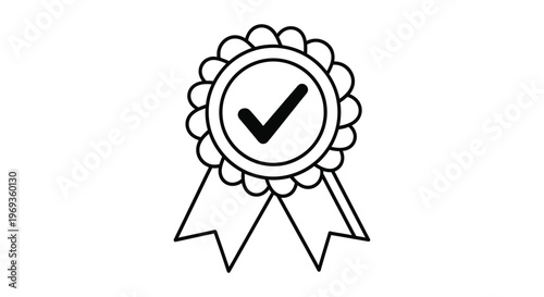 Hand drawn ribbon rosette with check mark for approval or success with a stylized illustration