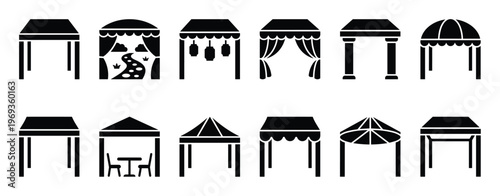 Collection of various black silhouette gazebo and canopy icons in a grid pattern