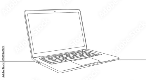 Minimalist line art of an open laptop computer on a plain surface