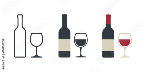 Wine icon. Wine bottle with glass vector illustration. Red wine symbol. Winery logo. Elegant alcohol drink sign. Vine bar pictogram. Chardonnay, rose, burgundy concept