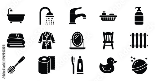 Collection of fifteen black silhouette icons representing various bathroom items and hygiene products, presented in a clean, modern style