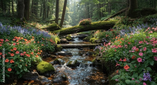 Vibrant flowers and glistening water reveal nature's intricate beauty in a majestic forest scene